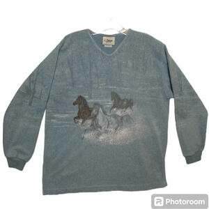 Vintage Artisans Women's V-Neck Fleece Hand Painted USA Winter Wild Horses Soft